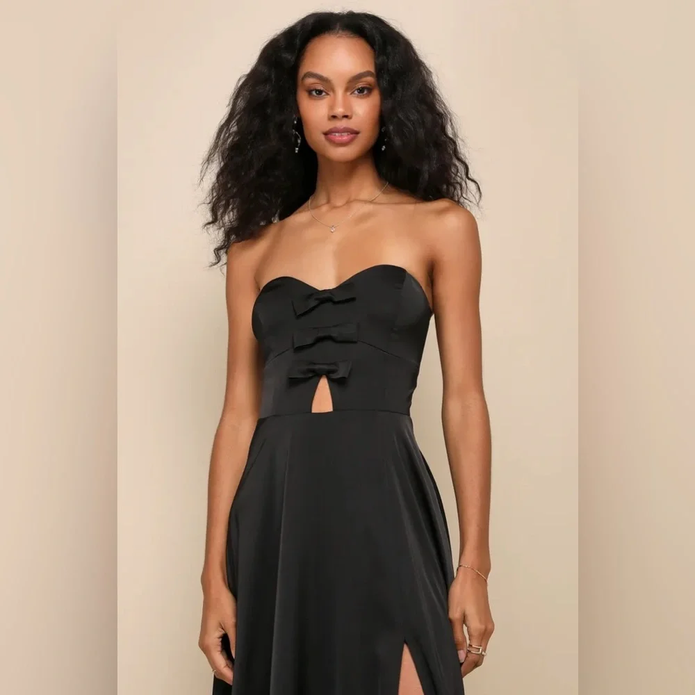 NEW Lulu’s Upscale Poise Black Satin Bow Strapless Maxi Dress Black